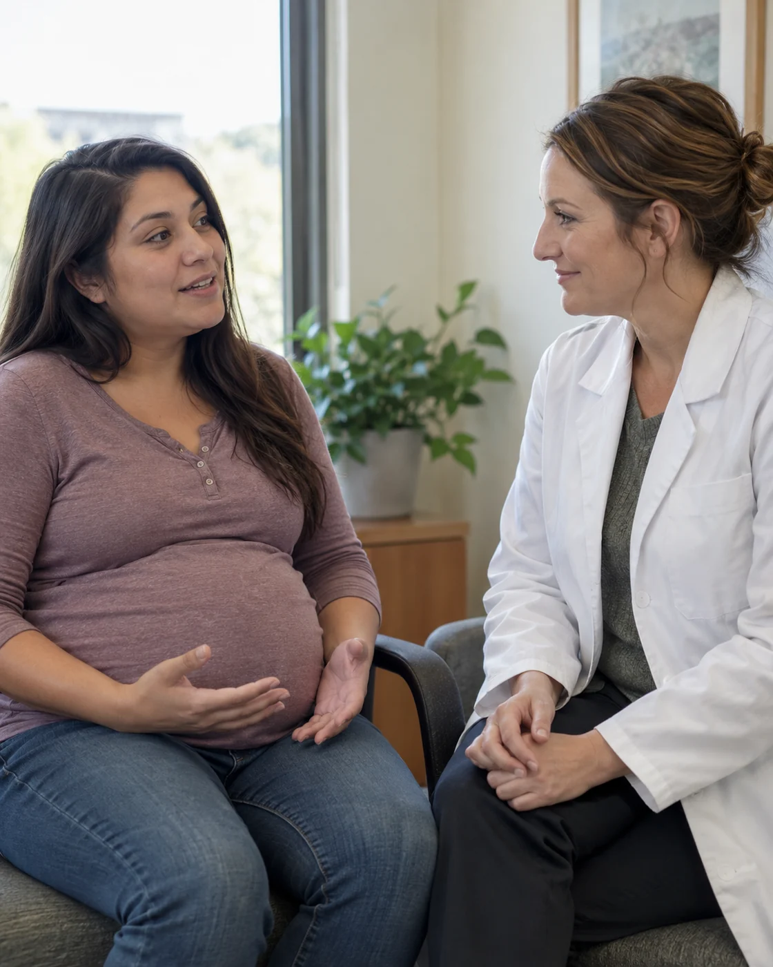 AI-generated editorial photo of a fictional pregnant person and clinician in a welcoming conversation.