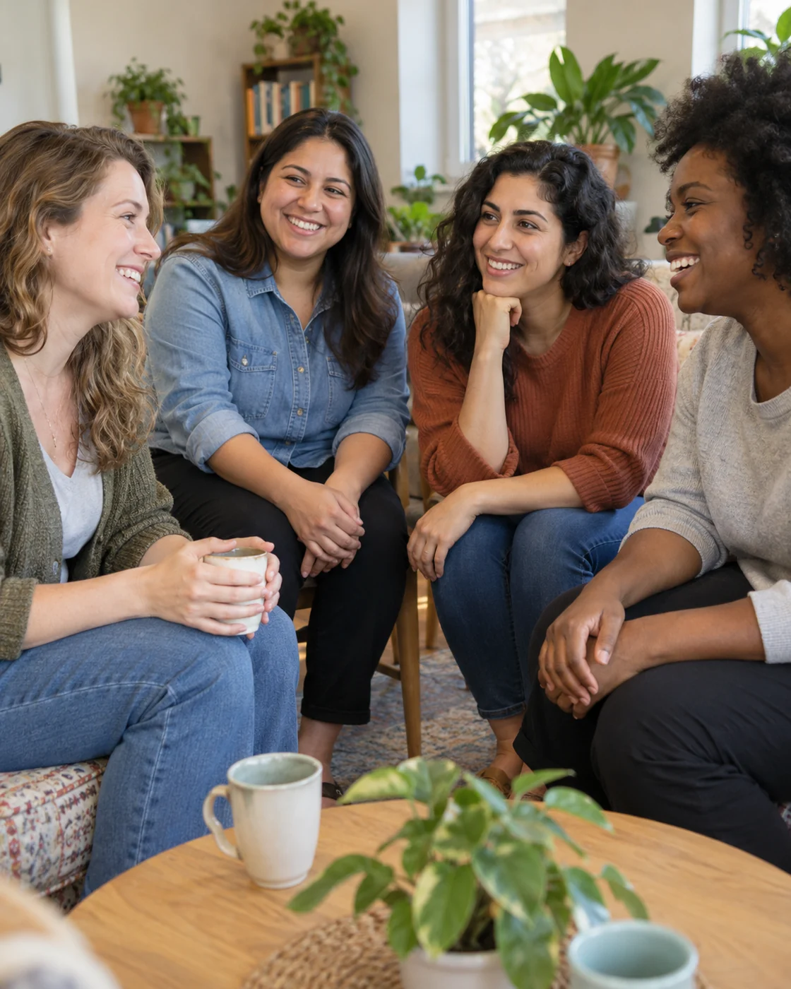 AI-generated editorial photo of four fictional people smiling together in a welcoming room.