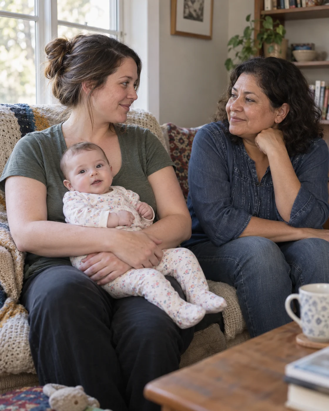 AI-generated editorial photo of two fictional people sharing a quiet moment while one holds an awake baby.